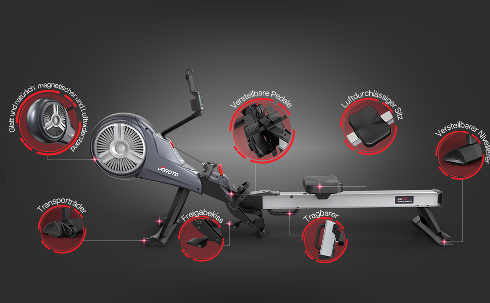 Гребний тренажер JOROTO для дому з подвійним опором (повітряний + магнітний), тихий, складаний, з Bluetooth, максимальне навантаження 150 кг (сірий)