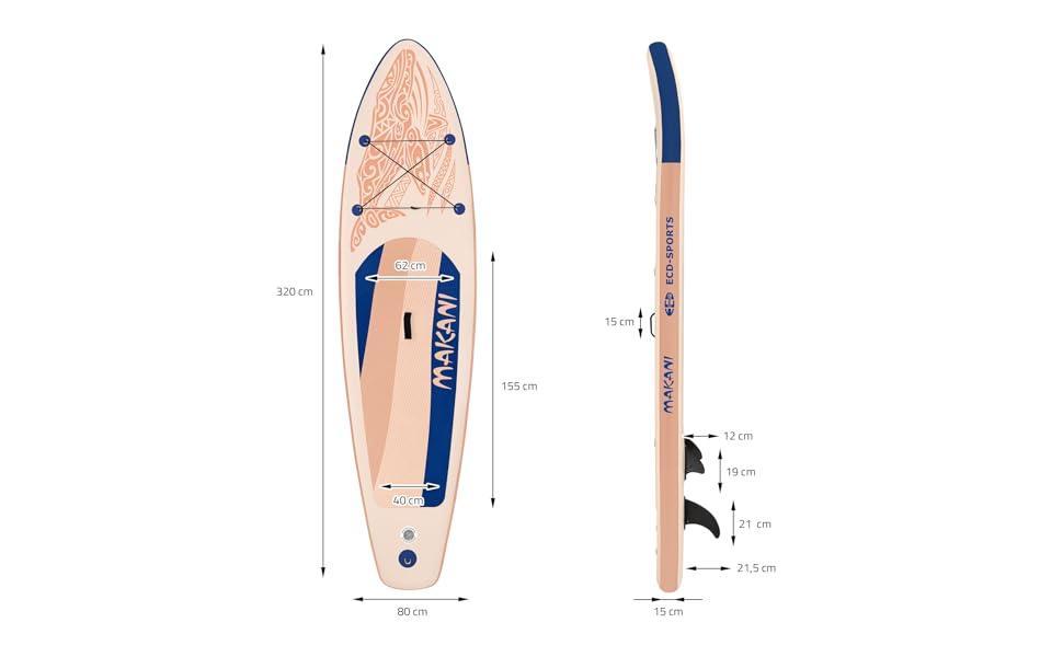 Надувна SUP-дошка ECD Germany Makani 320 см, до 150 кг, з алюмінієвим веслом, насосом і повним комплектом аксесуарів, різні кольори
