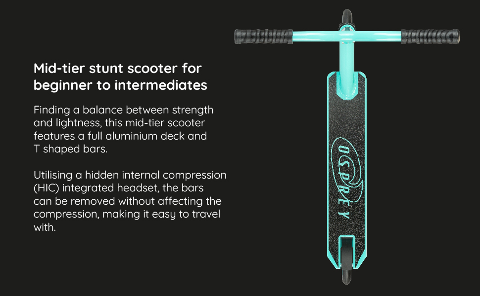 Самокат Osprey Stunt Scooter для дітей, дорослих, хлопчиків, дівчаток Вдосконалений самокат Kick T-Bar з кульковими підшипниками ABEC 5 і гарнітурою HIC, RT-1440, кілька кольорів (бірюзовий)