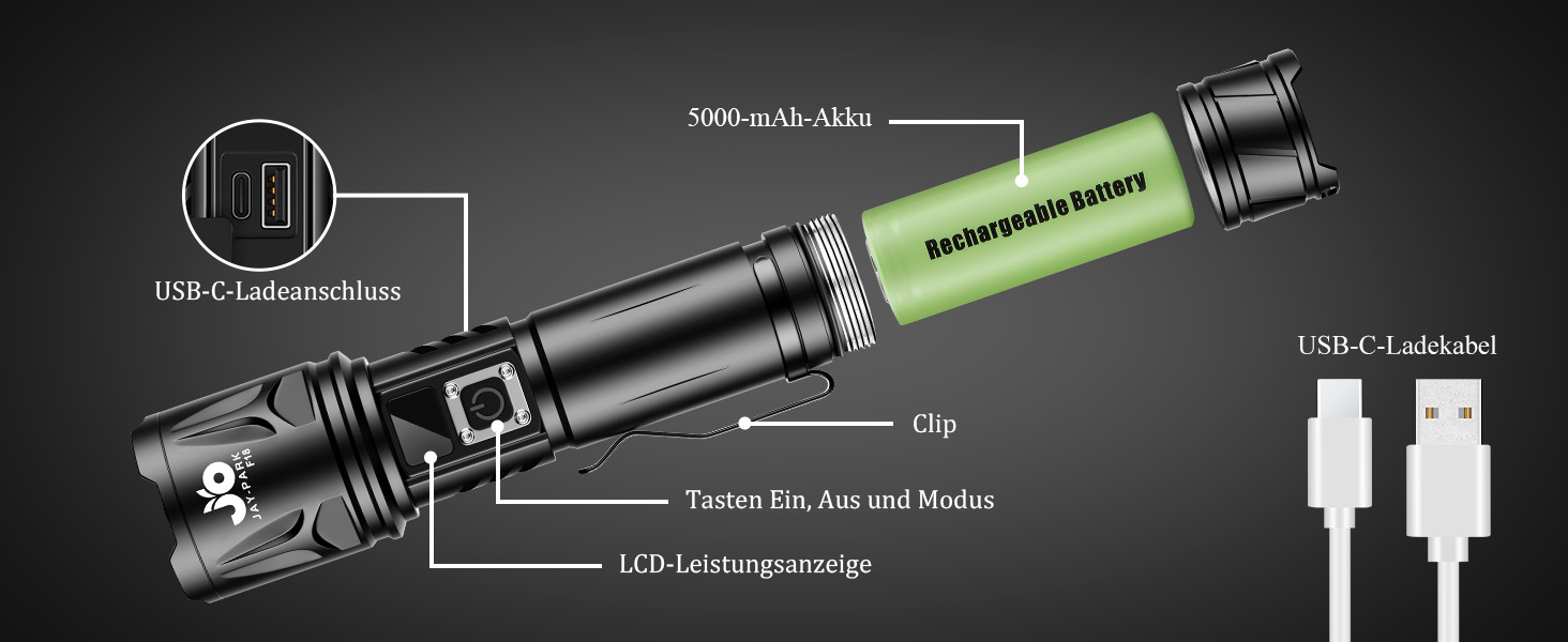 Ліхтар JAY-PARK 1000000 Люмен, перезаряджається, 5000 mAh, LCD-дисплей, 5 режимів, LED, екстремально яскравий, з зумом, дальність променя 3000м, для відпочинку на природі, кемпінгу, матовий чорний