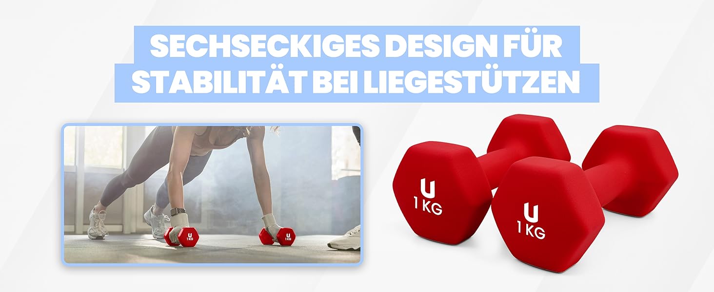 Гантелі неопренові Unycos 2 шт. 1-10 кг, шісткутні, антиковзаючі для фітнесу, силових тренувань, пілатесу та дому (#13 Червоний, 2 x 1 кг)