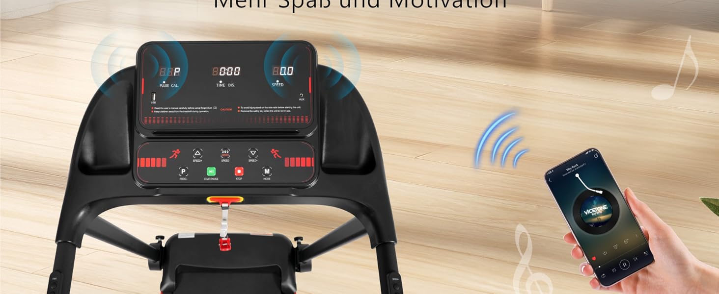 Біговий тренажер для дому, складаний, швидкість до 14 км/год, вантажопідйомність 120 кг, тримач для планшета, Bluetooth-динамік, німецька якість, USB-зарядка, кут нахилу 8%