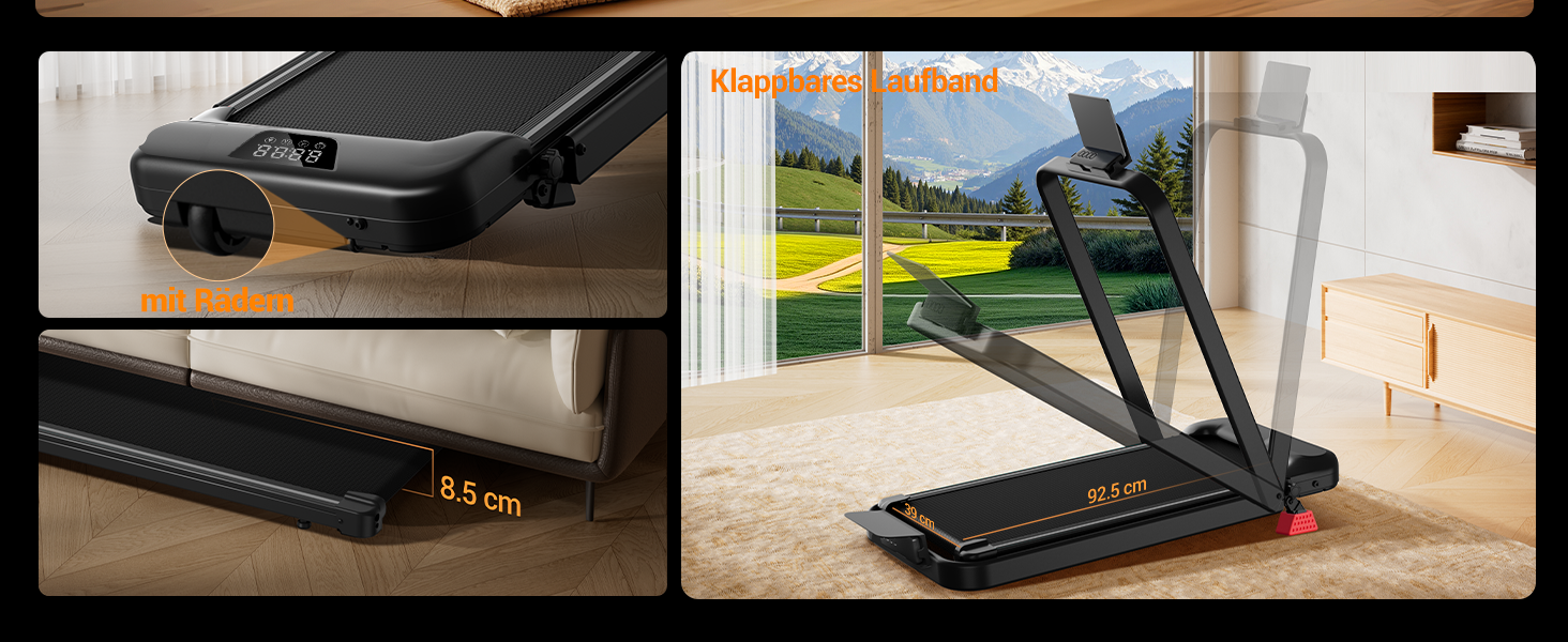 Складана бігова доріжка UMAY для дому з регулюванням нахилу 15%, Walking Pad для ходьби, макс. навантаження 136 кг, з LED-дисплеєм та пультом керування, чорна