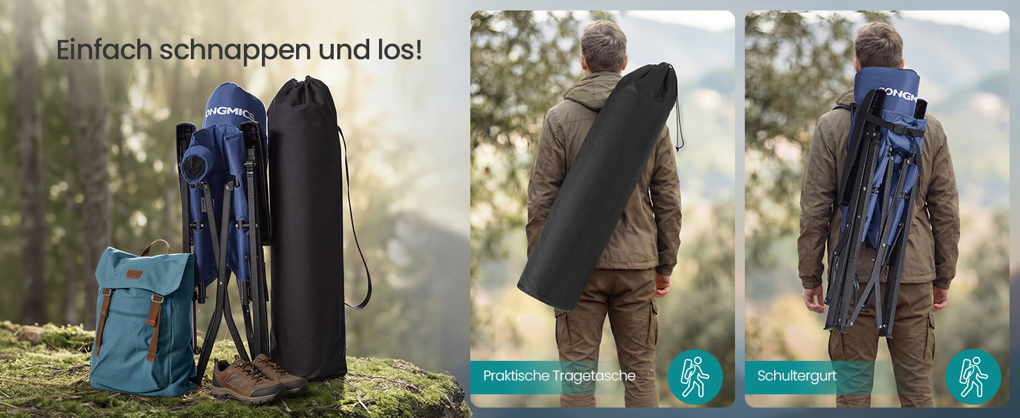 Складний туристичний стілець SONGMICS для відпочинку, риболовлі та кемпінгу, регульована спинка, обертовий підсклянник, блакитний