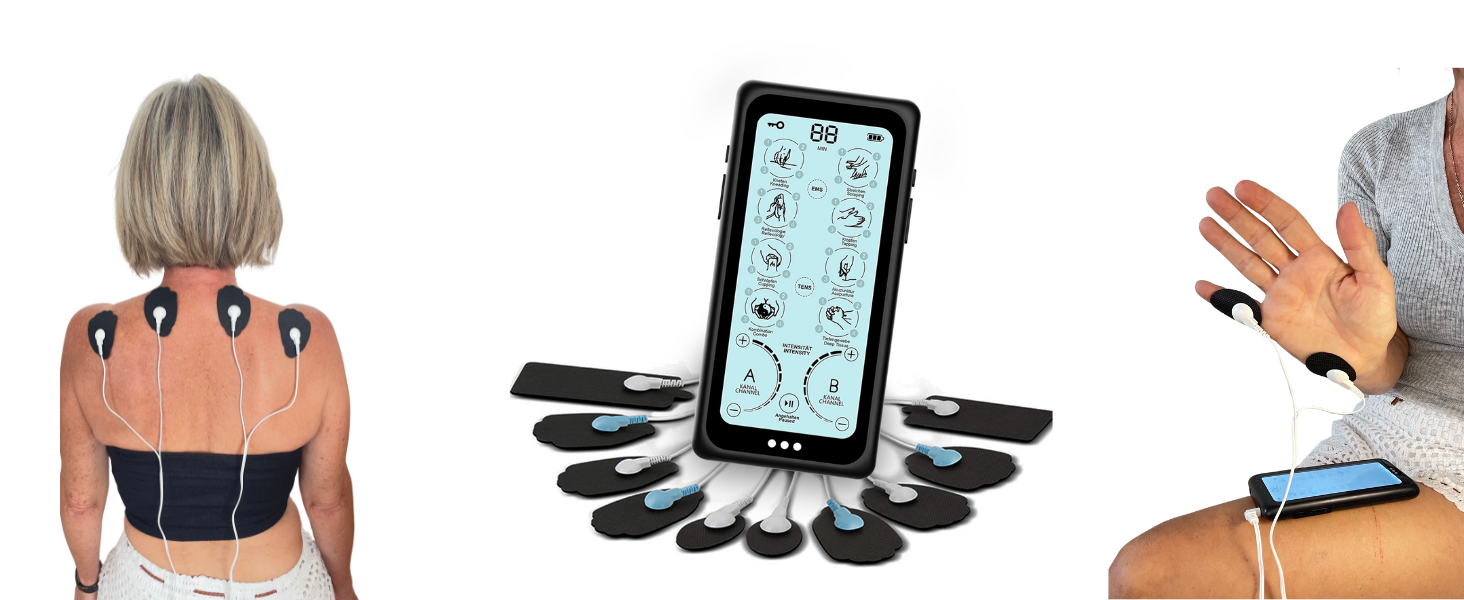 Прилад Orthomechanik TENS/EMS – апарат для зняття болю та тренування м'язів, електрична стимуляція нервів та м'язів з масажною функцією, 8 замінних електродів