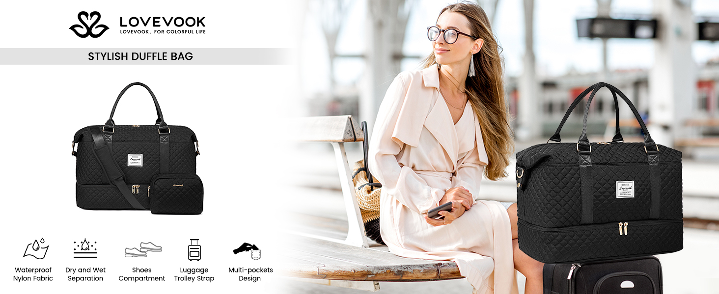 Спортивна сумка LOVEVOOK для жінок з відділенням для взуття та мокрих речей, велика дорожня сумка-вояджер, комплект з косметичкою, водонепроникна, ручна поклажа для літака, спортзал, чорна (M-2pcs)