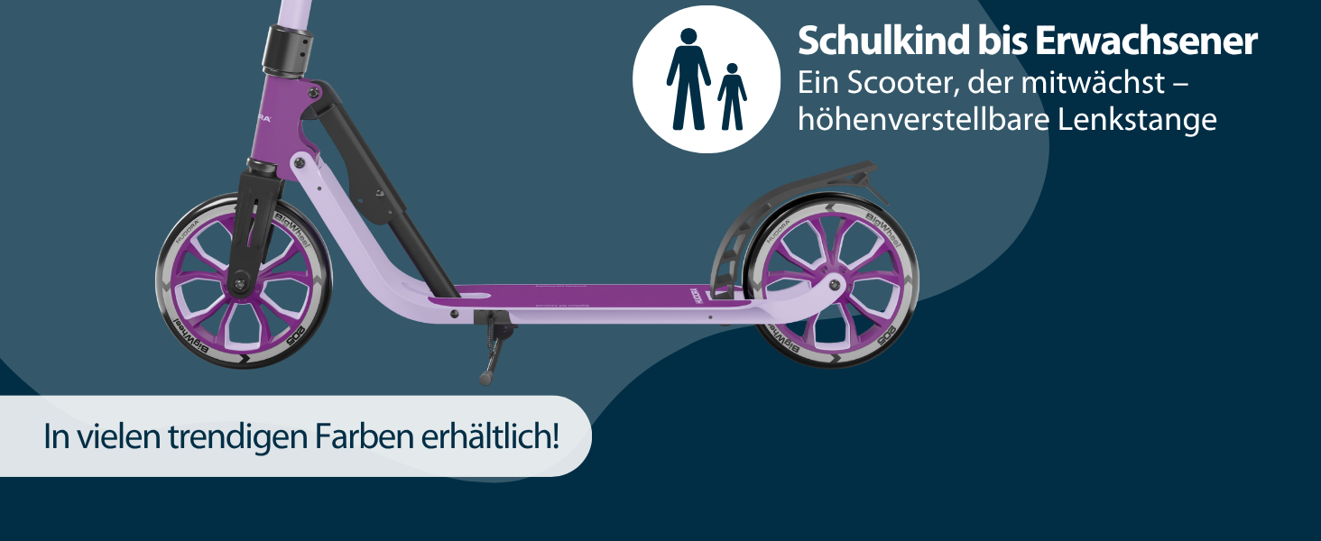 HUDORA BigWheel® 205 Advanced Scooter: Комфортний алюмінієвий самокат з регулюванням висоти та складним механізмом - до 100 кг - для дітей, підлітків та дорослих, колір лавандовий