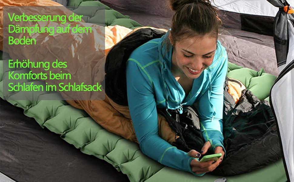 TENQUAN Килимок для кемпінгу самонадувний, 9см, для сну, відпочинку, подорожей, з насосом, для авто, намету, трекінгу, пляжу (Pfauen/Grau) (Grün)