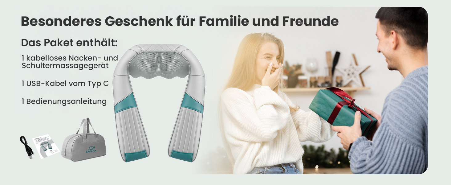 Масажер для шиї та плечей Snailax з підігрівом, акумуляторний Shiatsu 4D, для шиї, плечей, спини, подарунок, сірий та зелений