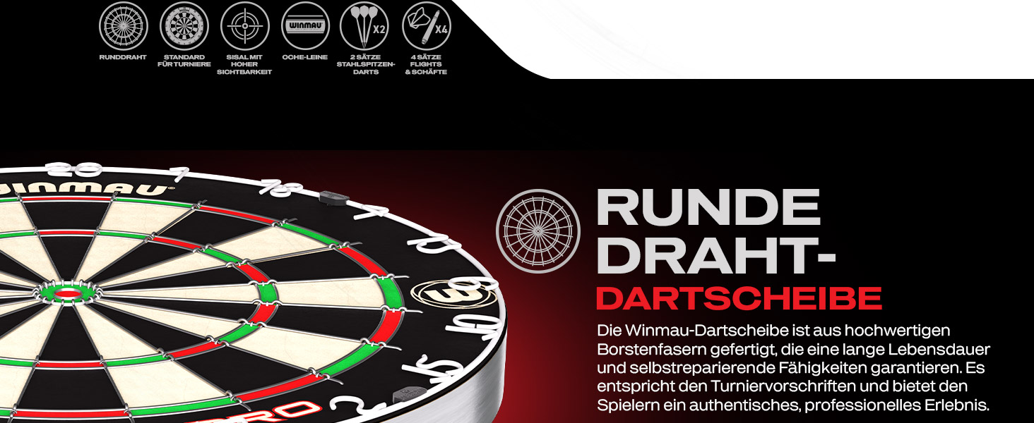 Дартс Winmau Masters Pro з лінією кидка та 6 дротиками - професійна сталева мішень PDC, сизаль високої щільності, ультратонкий дріт