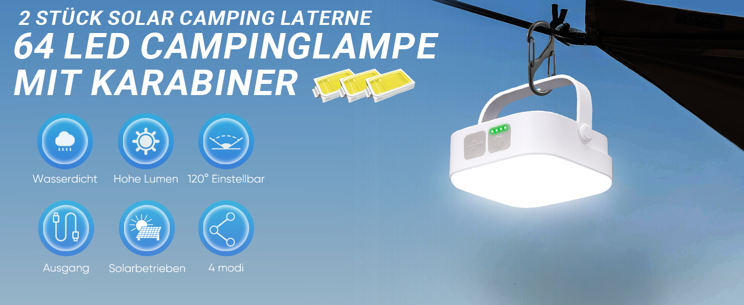 LED кемпінговий ліхтар 4000LM, 2 шт. - перезаряджається, сонячний, водонепроникний, з карабіном, 4 режими, для кемпінгу, читання, туризму, надзвичайних ситуацій