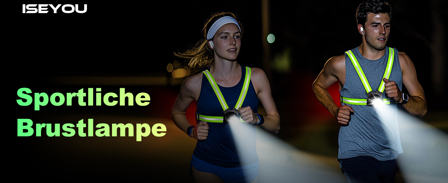 Лампа для бігу Lauflampe Joggen: нагрудна лампа з проблисковим світлом, 500 люмен, кут нахилу 45°, 2 кольори світла, USB-C, IPX4, подвійний ремінь з 360° світловідбивачами для кемпінгу, активного відпочинку, велоспорту (без заднього ліхтаря)