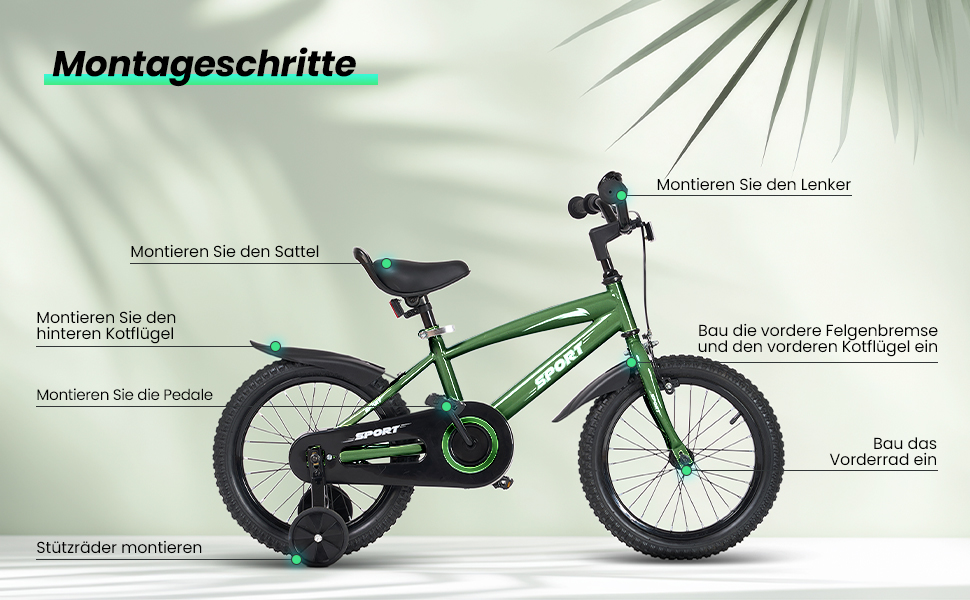 Дитячий велосипед BODIOO 12 дюймів, з регульованим сидінням, двома гальмами, підставкою, відбивачем та бризговиком, 84-97 см (Зелений)