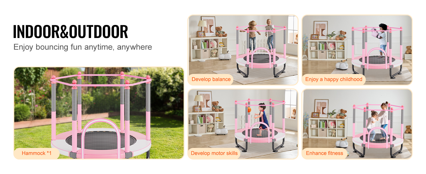 Батут дитячий VEVOR Outdoor 1545 мм з сіткою та баскетбольним кільцем, рожевий. Для дітей від 3 років.