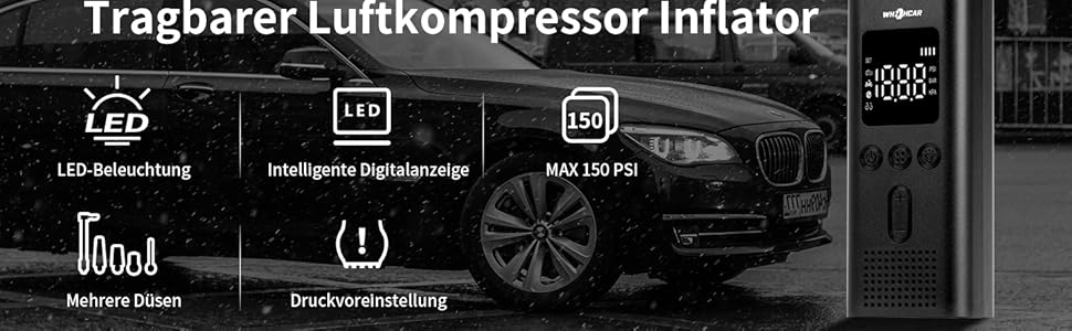 Електричний компресор-насос 6000mAh для авто, велосипедів, мотоциклів і м'ячів, 150PSI, LCD, LED, авто-вимкнення, акумуляторний