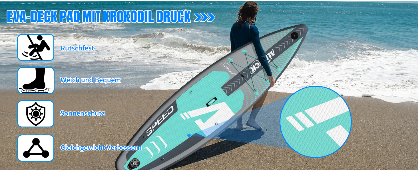 ALLPICK SUP Board Premium набір: Дошка для Stand Up Paddling надувна, з кріпленням для камери, повний комплект аксесуарів, регульоване весло, для початківців та просунутих, вантажопідйомність 200 кг, сіро-зелений