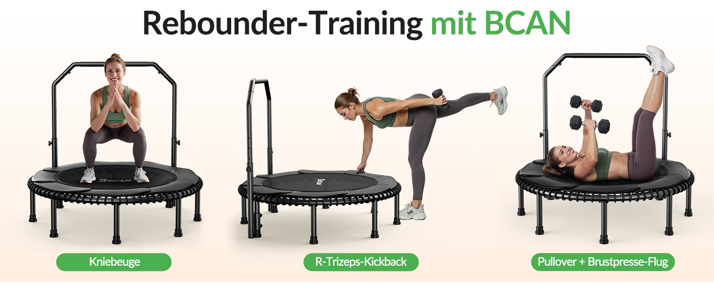 Міні-батут BCAN для дорослих, 102/122 см, до 204/250 кг, з бунжеєвими тросами, регульованою ручкою, стабільний, тихий, для дому та вулиці, тренування всього тіла, релаксація, зелений (122см, 122см-чорний з м'якою обшивкою)