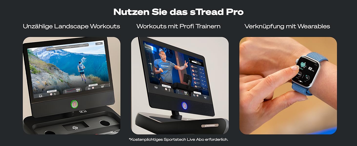 Біговий тренажер Sportstech sTread Pro/Lite: складний, до 20 км/год, нахил 15-17%, 150 кг, LED, сумісність з APP, тихий 7PS двигун, велика площа для бігу, німецька якісна марка
