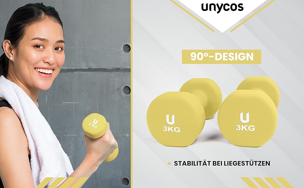 Neoprenові гантелі unycos 2 шт. по 3 кг, жовті, антиковзкі, для фітнесу та силових тренувань, зручна ручка, круглі