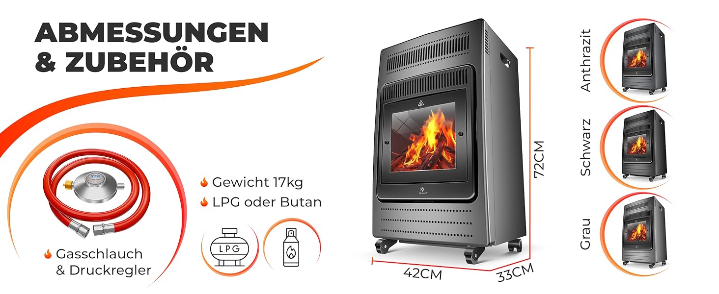 Газовий обігрівач KESSER®: газовий камін-піч, інфрачервоний нагрівач 3,4 кВт, 2 режими, з газовим редуктором та шлангом, для бутану/пропану до 11 кг, антрацит