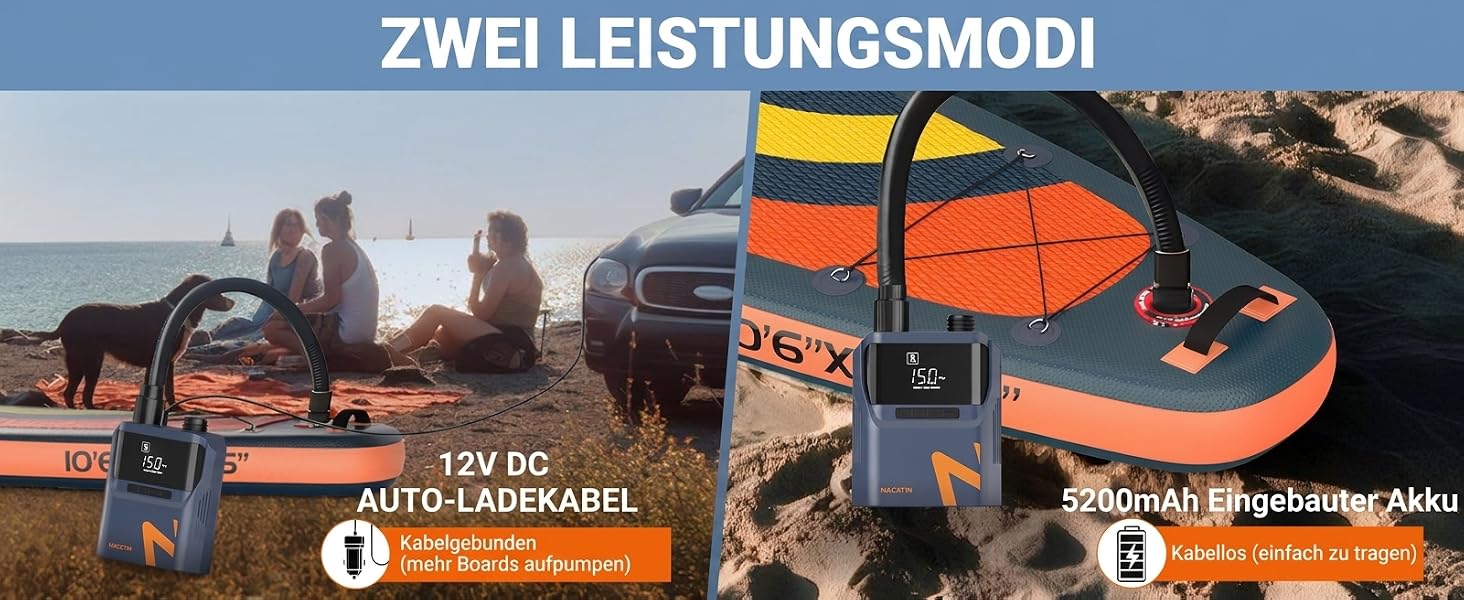 Електричний насос для SUP-дошки NACATIN 50PSI: акумуляторний компресор 5200mAh та 12V для падлбордів, човнів та автомобільних шин, 6 насадок