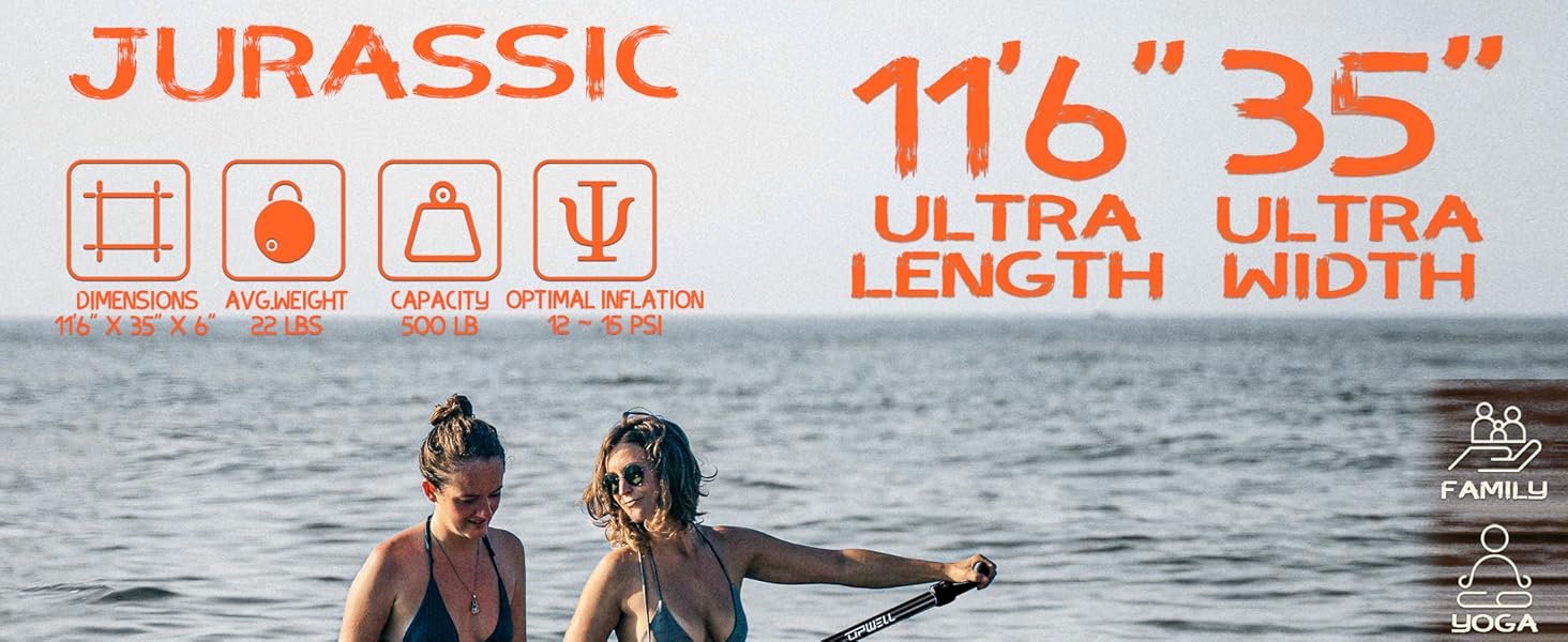 Надувний SUP Борд UPWELL Premium Stand Up Paddling Board з комплектом: сидіння, кріплення для камери, весло та аксесуари. Макс. вага 204 кг (2 особи), розмір 350x89x15 см, Jurassic