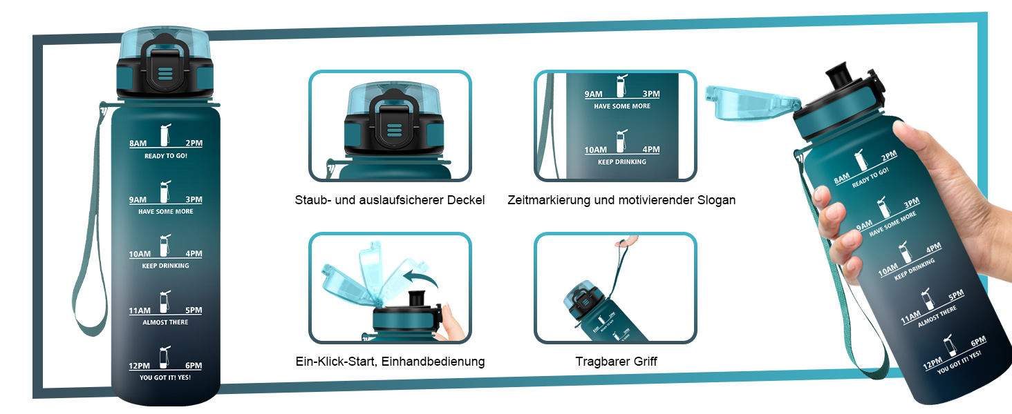 Спортивна пляшка 1л з маркуванням часу, фільтром, для газованої води, велосипеда, бігу, дорослих, 1000 мл, фіолетово-чорна