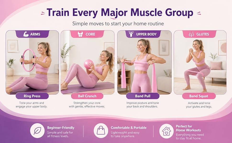 Pilates Ring 12-в-1: Набір для пілатесу з м'ячем, гумовими стрічками, дисками для ковзання, шкарпетками та сумкою, Рожевий