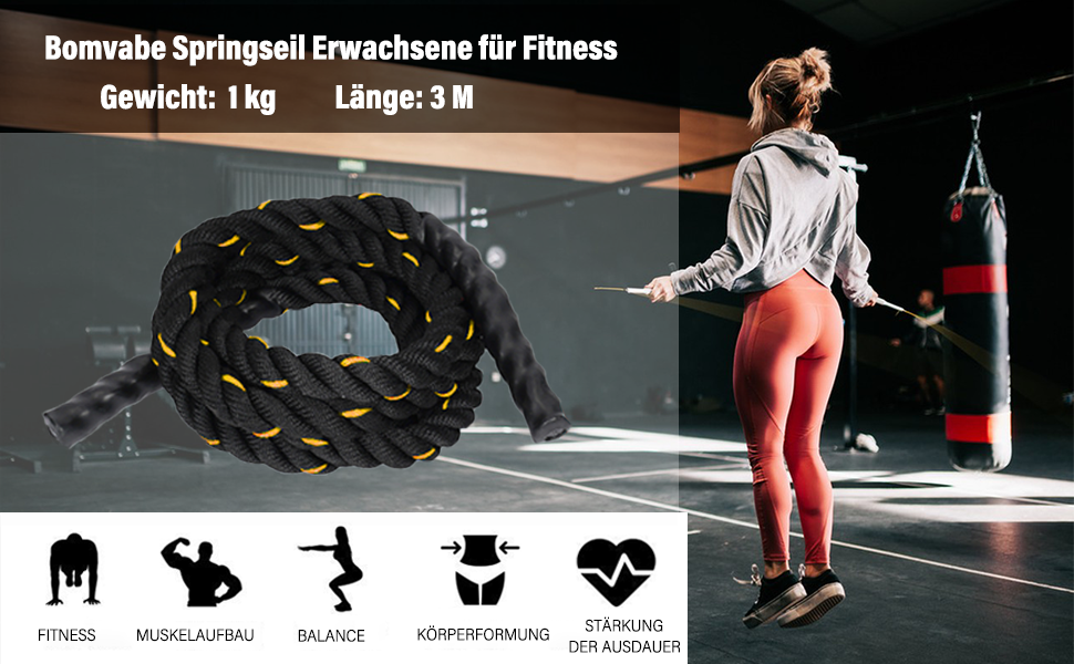 Важкий скакальний трос для дорослих для фітнесу та нарощування м'язів, довгий важкий трос для тренувань у фітнес-клубі та на відкритому повітрі, чорний (1 кг)