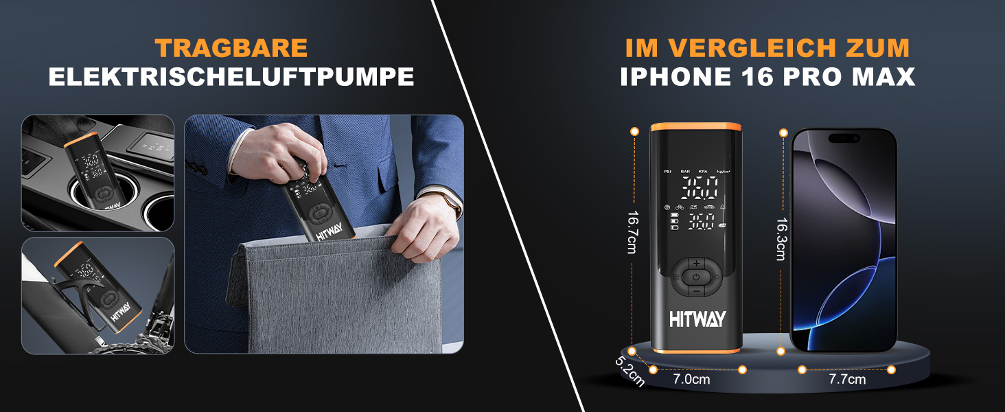 Електрична портативна насосна станція HITWAY 6000mAh, 150PSI, акумуляторний компресор для авто, велосипедів, мотоциклів і м'ячів, з функцією Powerbank