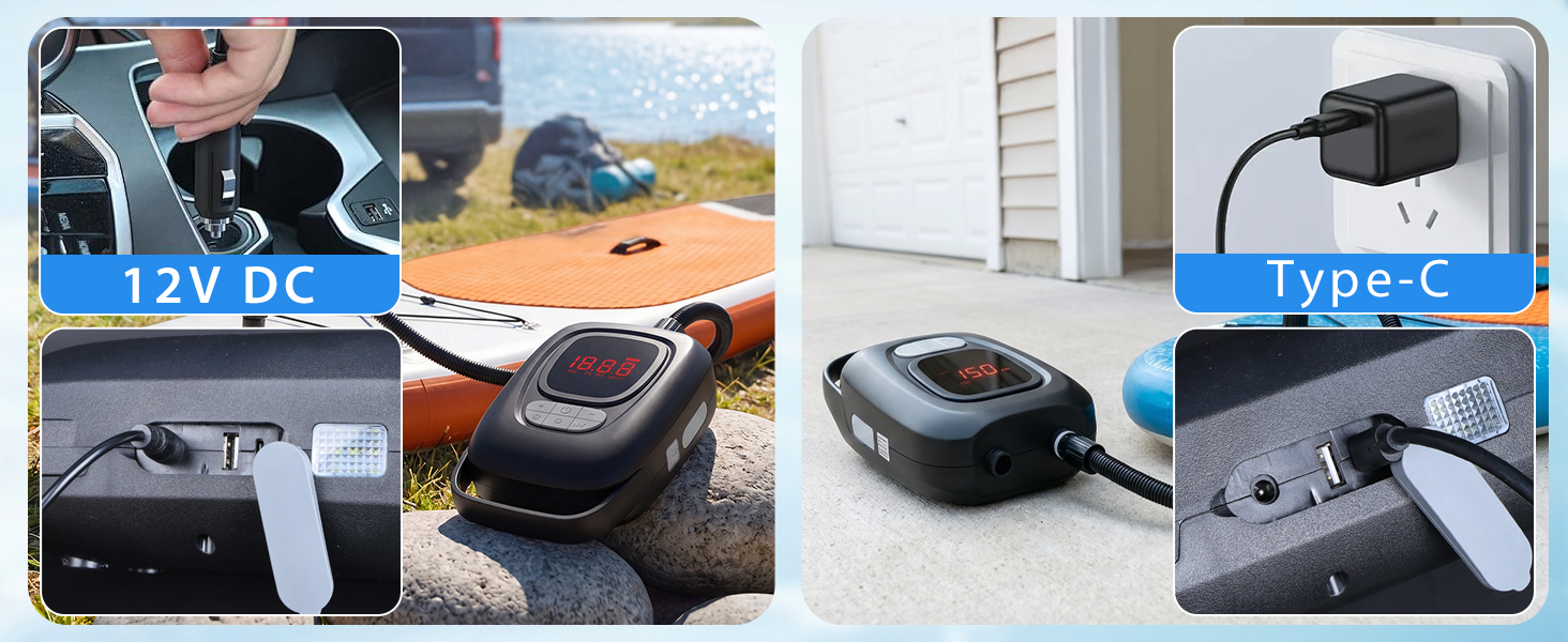 Електричний насос для SUP дошки 20 PSI, подвійний режим, акумулятор 6x2500mAh, LED, авто-стоп - для SUP, каяків, човнів, кемпінгу