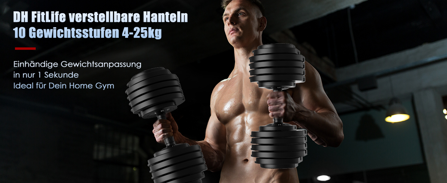 DH FitLife: Регульовані гантелі 25 кг (4-25 кг) з 10 рівнями ваги, комплект гантелей для дому та фітнесу