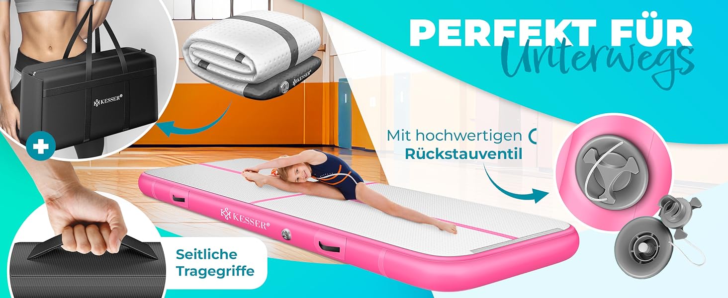Надувна гімнастична мата KESSER® Airtrack: 2м/3м/4м/5м/6м. Мата для фітнесу, йоги, акробатики. В комплекті сумка та електронасос. Розмір: 300 x 100 x 10 см. Колір: м'ятно-зелений