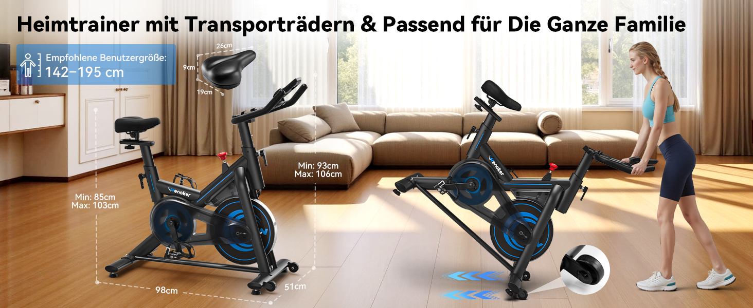 Велотренажер Wenoker з додатком, тихий ергометр, фітнес-велосипед для кардіотренувань вдома, до 160 кг, чорно-синій