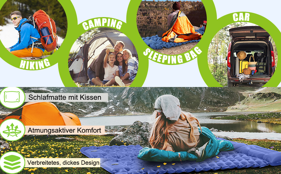 Каремат туристичний самонадувний Cunbayi з інтегрованими подушками та насосом. Підходить для кемпінгу, походів, пляжу та подорожей. Синій колір.