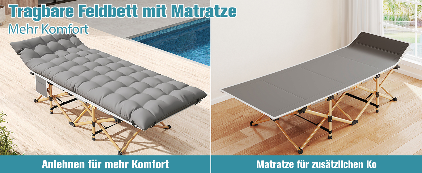 Ліжко туристичне розкладне Feldbett XXL 250 кг 2 шт сіре - 7 зон, 1200D Oxford, кут нахилу 15°, для кемпінгу, саду, палатки