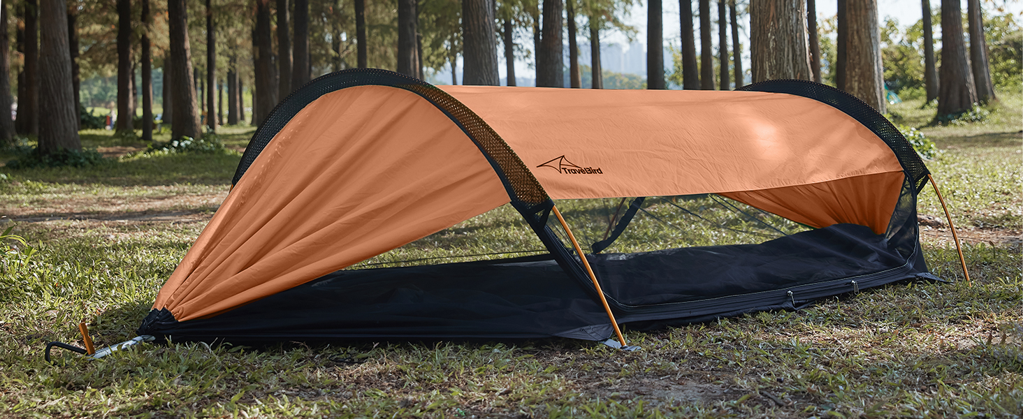 Гамак-намет Travel Bird з москітною сіткою та сонцезахистом, 290x140 см, великий простір, багатофункціональний, легкий, з ременями для кріплення до дерева, підходить для кемпінгу та відпочинку на природі (зелений/помаранчевий)