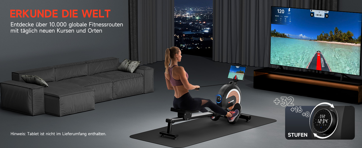 Гребний тренажер Wenoker з магнітним опором, для дому, 32 рівні навантаження, LCD-монітор, 160 кг, з мобільною APP