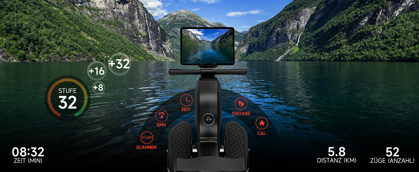 Гребний тренажер Wenoker з магнітним опором, для дому, 32 рівні навантаження, LCD-монітор, 160 кг, з мобільною APP