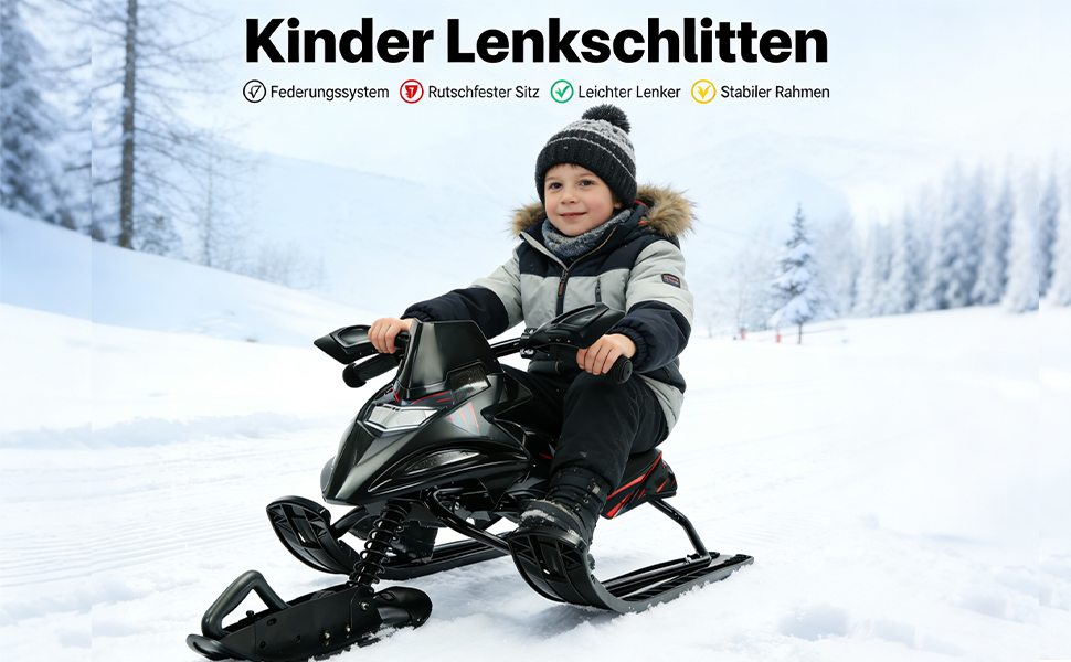 Слалом-санчата з гальмами, автоматичним тросом, рулем та амортизаторами для дітей та дорослих, вантажопідйомність до 80 кг, чорного кольору