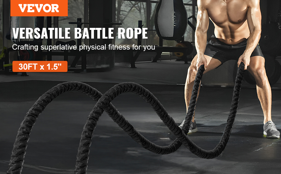 Тренувальна мотузка VEVOR Battle Rope, тренувальна мотузка, бойова мотузка довжиною 9.1 м, поліефірна тренувальна мотузка із захисним покриттям і якорем, ударна мотузка для домашнього тренажерного залу, тренування тіла, основні силові тренування