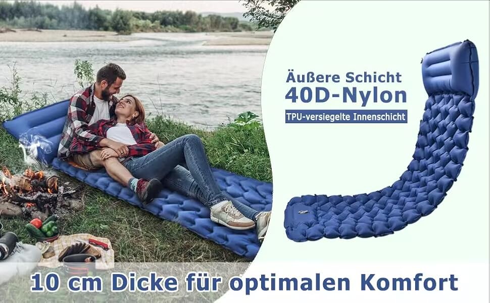 Каремат Amtake самонадувний, 10 см, для кемпінгу, туристичний, ультралегкий, з насосом, водонепроникний, для відпочинку на природі, пікніків, пляжу, блакитний