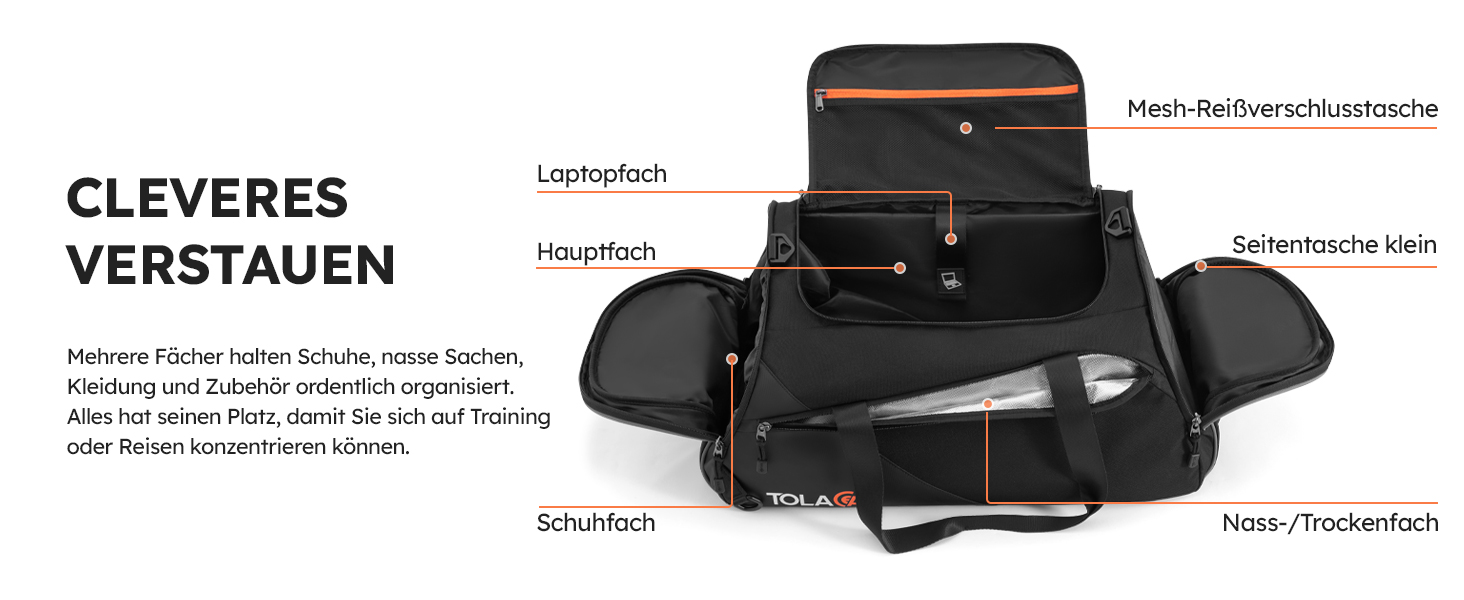 Спортивна сумка Tolaccea з відділенням для взуття та мокрого одягу, 47L, чорна. Ідеальна для фітнесу, тренувань, басейну та подорожей