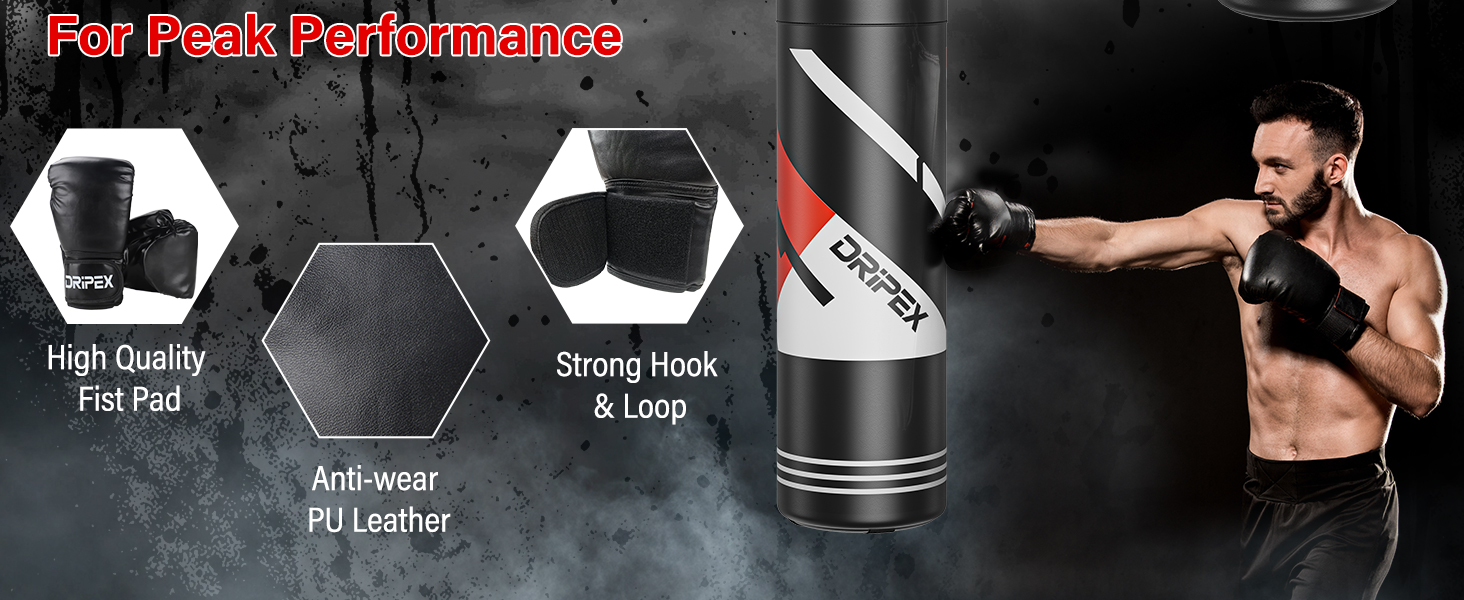 Боксерський мішок Dripex з наповнювачем, важкий підвісний боксерський мішок, комплект з міцним сталевим ланцюгом на 360° та боксерськими рукавичками для тренувань кікбоксингу, фітнесу, MMA