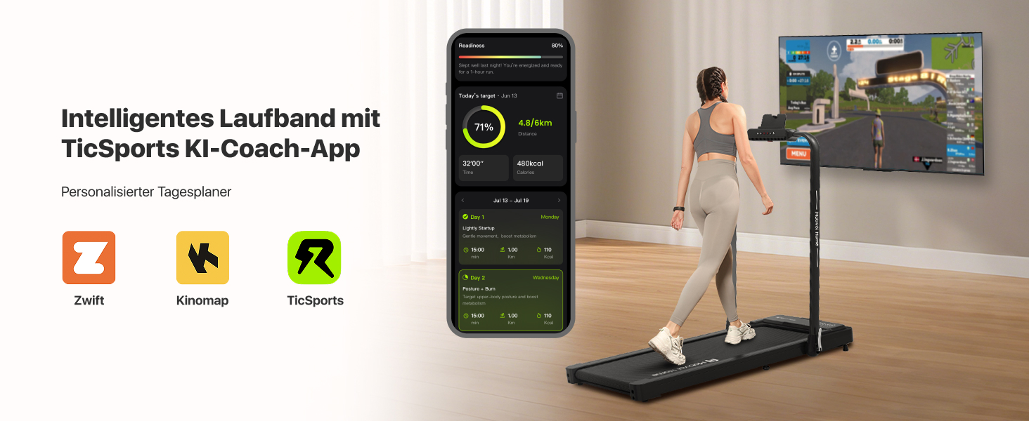 Беговая дорожка Mobvoi Home Intelligente KI 3-в-1: для дома и офиса, складная, 12 км/ч, до 120 кг, LED-дисплей, поддержка Zwift/Kinomap