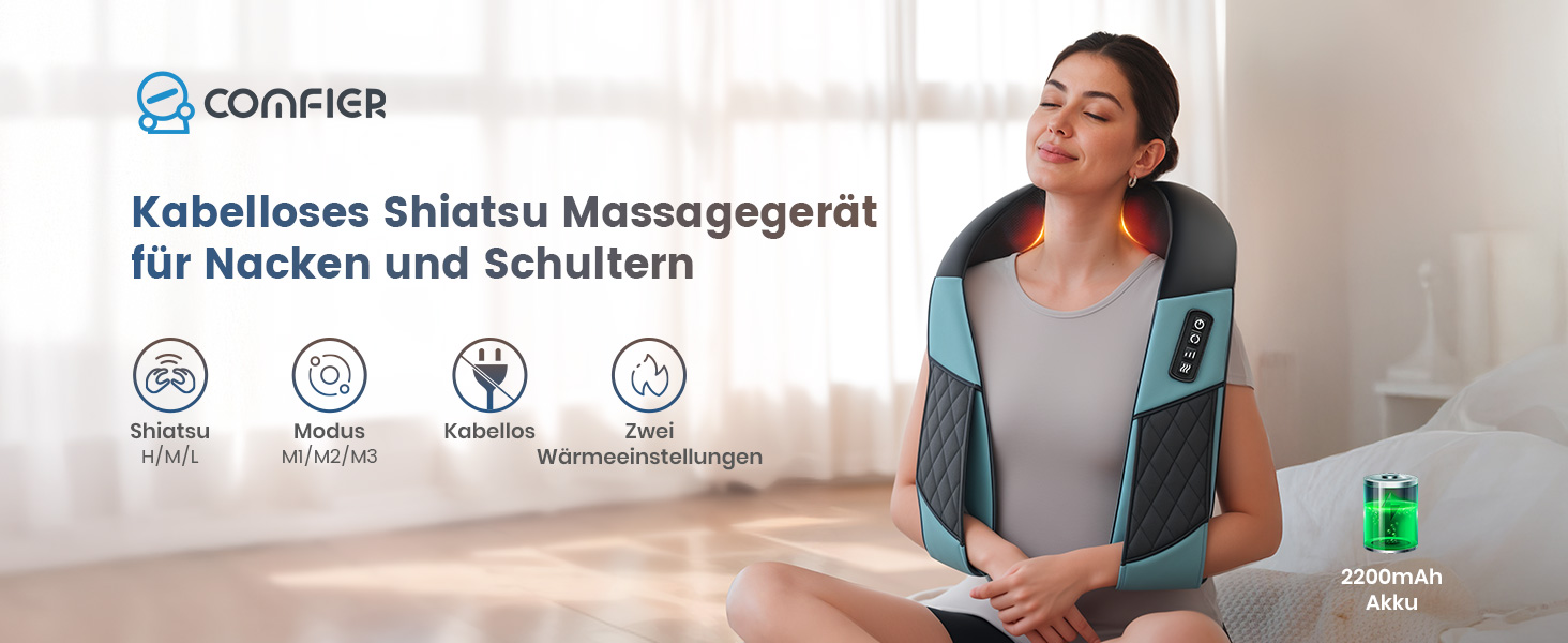 Масажер для шиї COMFIER бездротовий Shiatsu з підігрівом, 3D глибокий масаж, для шиї, спини, попереку, подарунок для жінок та чоловіків, блакитно-чорний