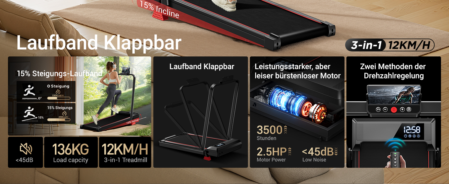 Біговий тренажер для дому складний, 12 км/год, з нахилом 15%, Walking Pad, максимальне навантаження 136 кг