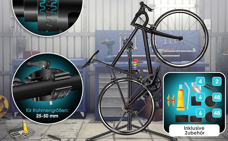 Підставка для збирання велосипедів KESSER® Profi Alu: міцна, 360° обертання, для гірських та електровелосипедів, з сумкою та набором для ремонту