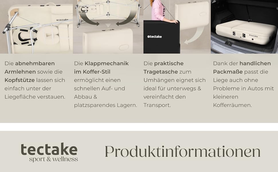 Масажний стіл Tectake® 3 зони, складаний, з регулюванням висоти, алюмінієвий, з аксесуарами (підголовник, підлокітники, сумка) - бежевий