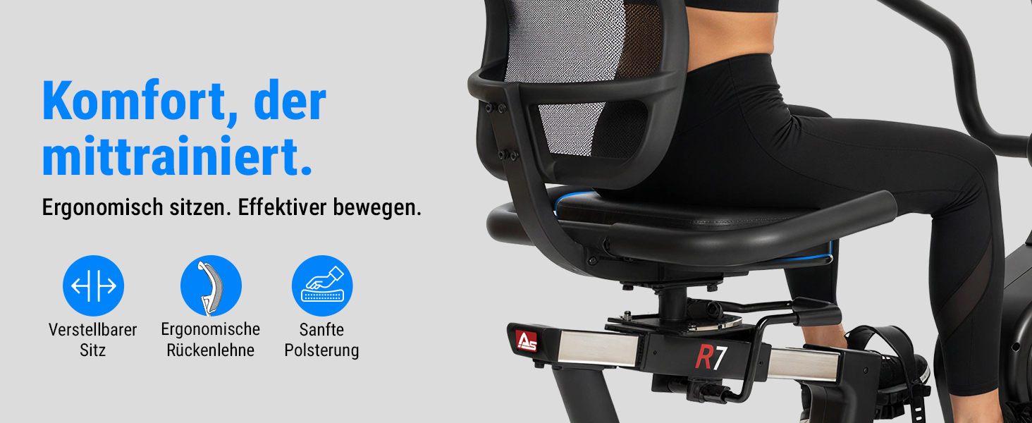Велотренажер AsVIVA R7 Liegeergometer: Електричний, з сидінням та спинкою, 24 програми, 18 кг маховик, вимірювання пульсу